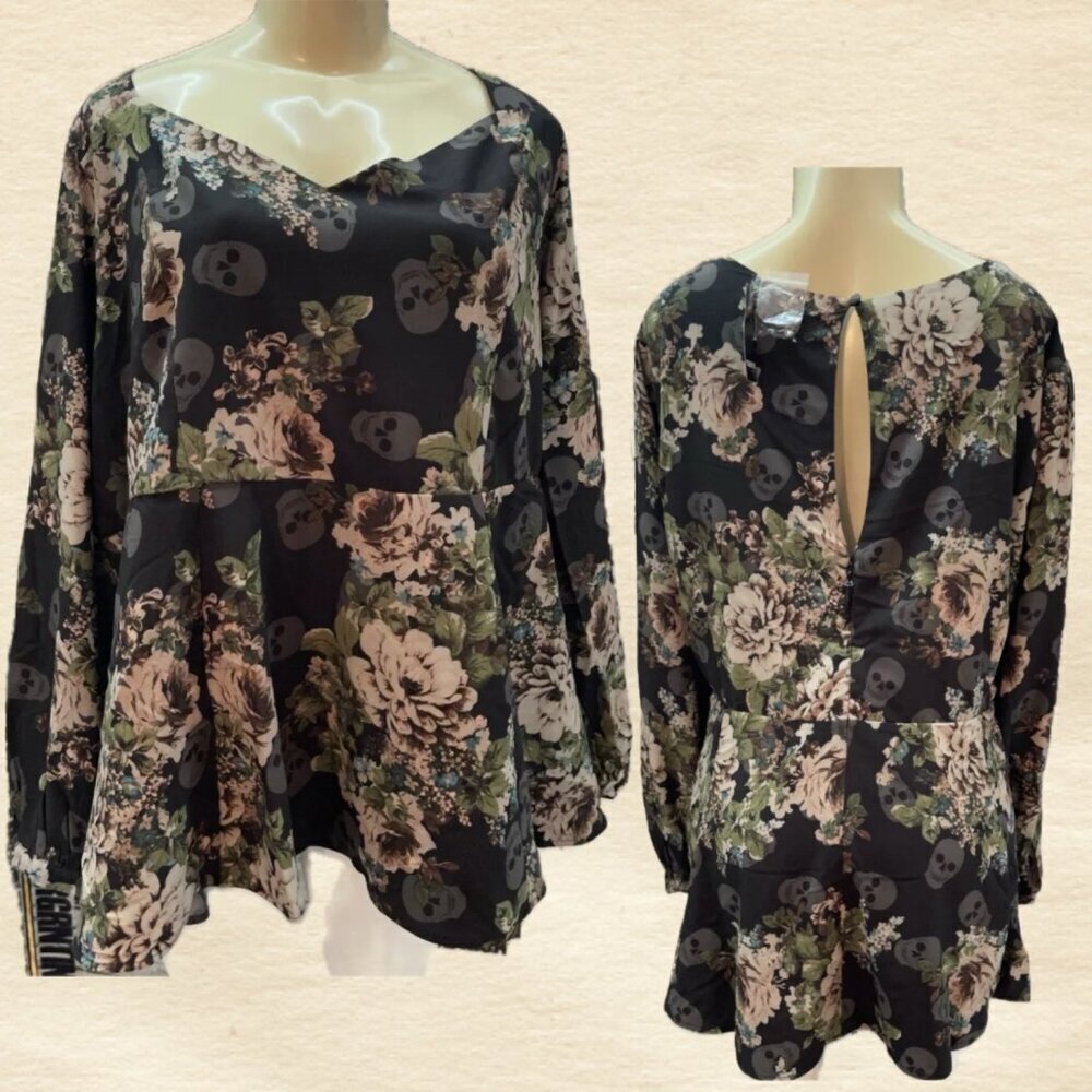 Torrid +5 Black Skull Floral Sweetheart Neck Long Sleeve Crepe Peplum Blouse